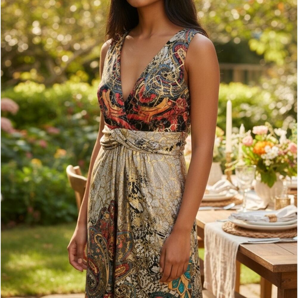 Gold Metallic Cocktail Dress Sleeveless V Neck Empire Waist Party Evening 7
